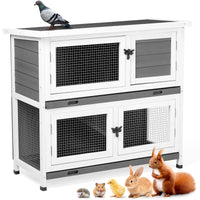 HKM-9337789 2-Story Rabbit Hutch with Tray, Weather-Resistant Grey Cedar Housing for Small Pets