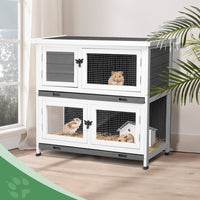 HKM-9337789 2-Story Rabbit Hutch with Tray, Weather-Resistant Grey Cedar Housing for Small Pets