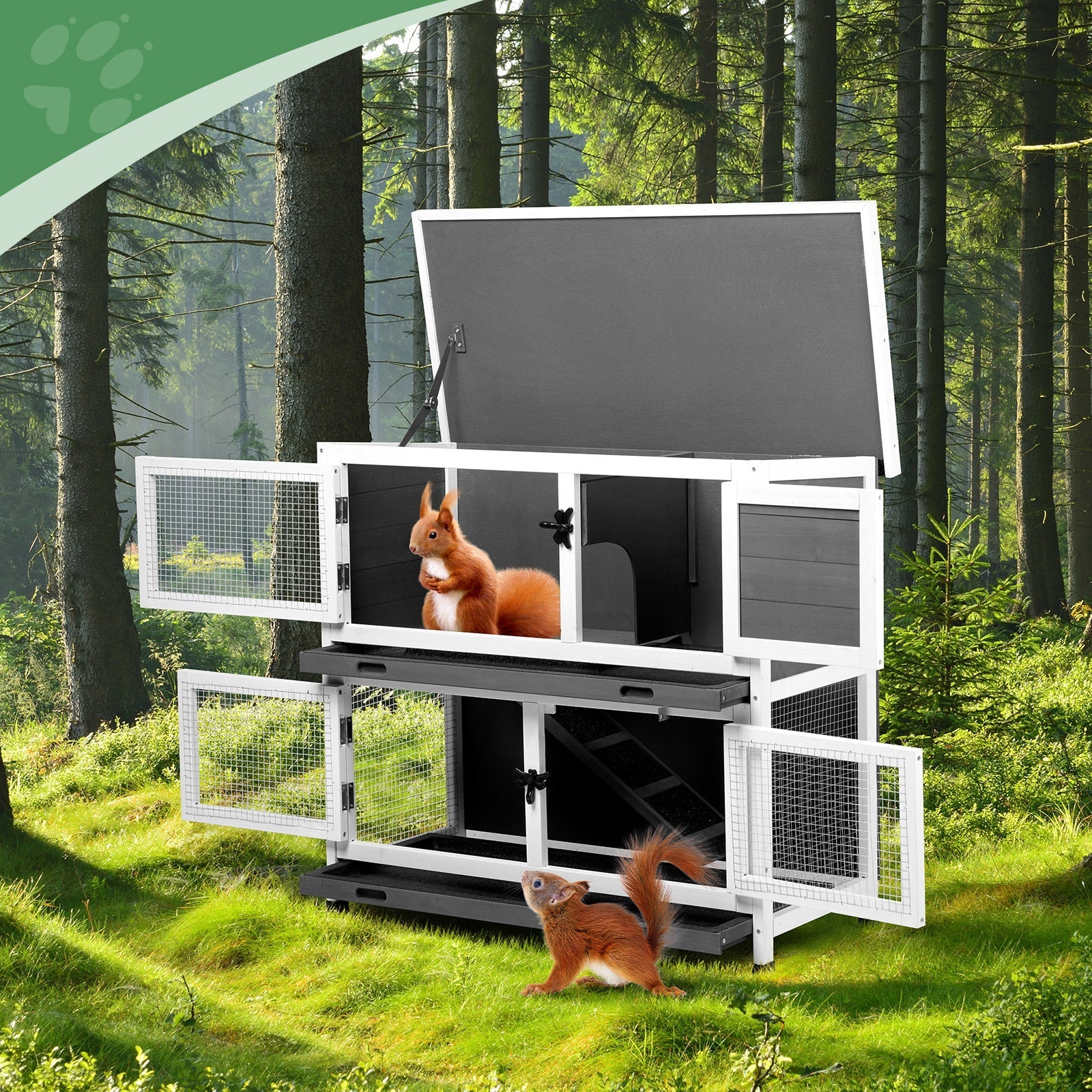 HKM-9337789 2-Story Rabbit Hutch with Tray, Weather-Resistant Grey Cedar Housing for Small Pets