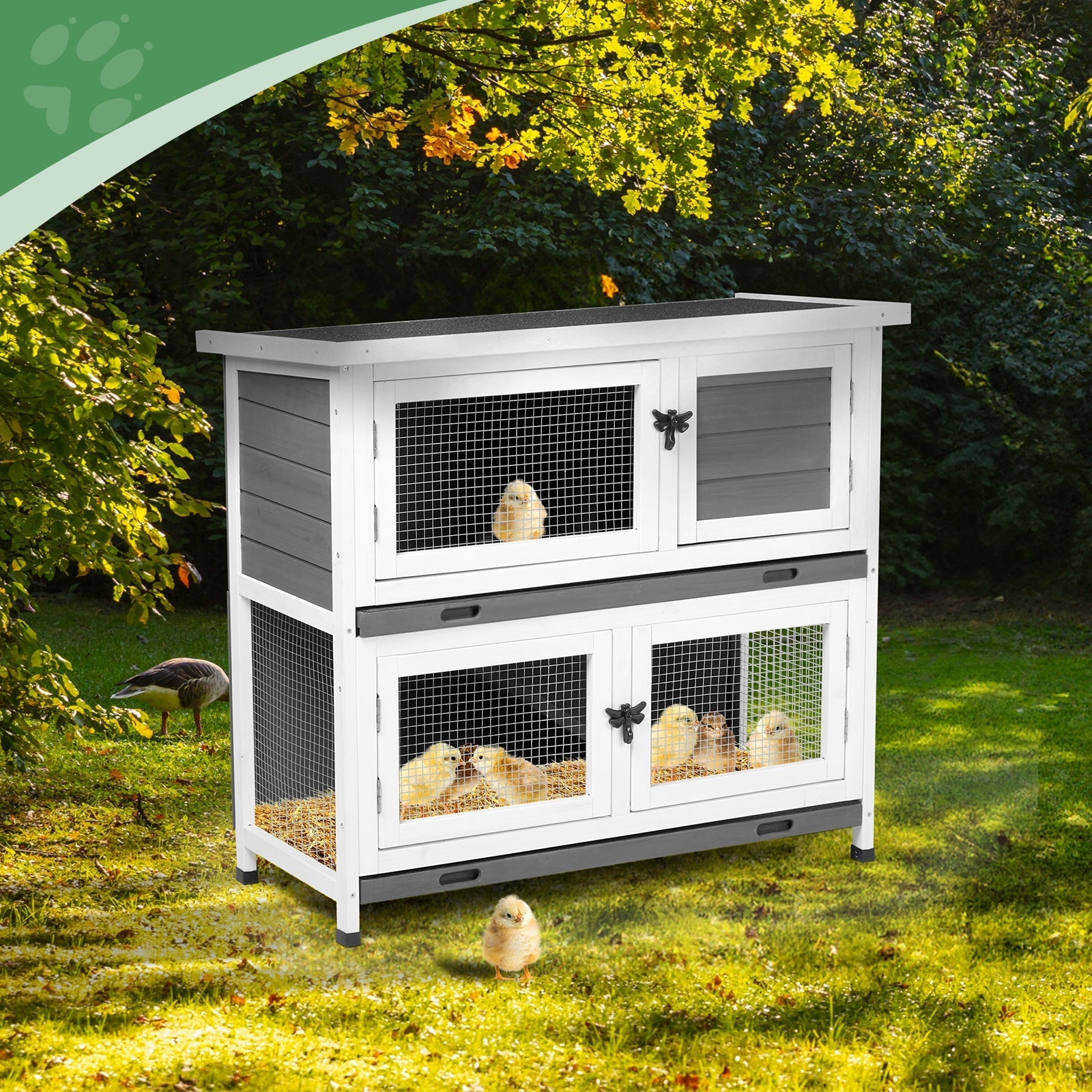 HKM-9337789 2-Story Rabbit Hutch with Tray, Weather-Resistant Grey Cedar Housing for Small Pets