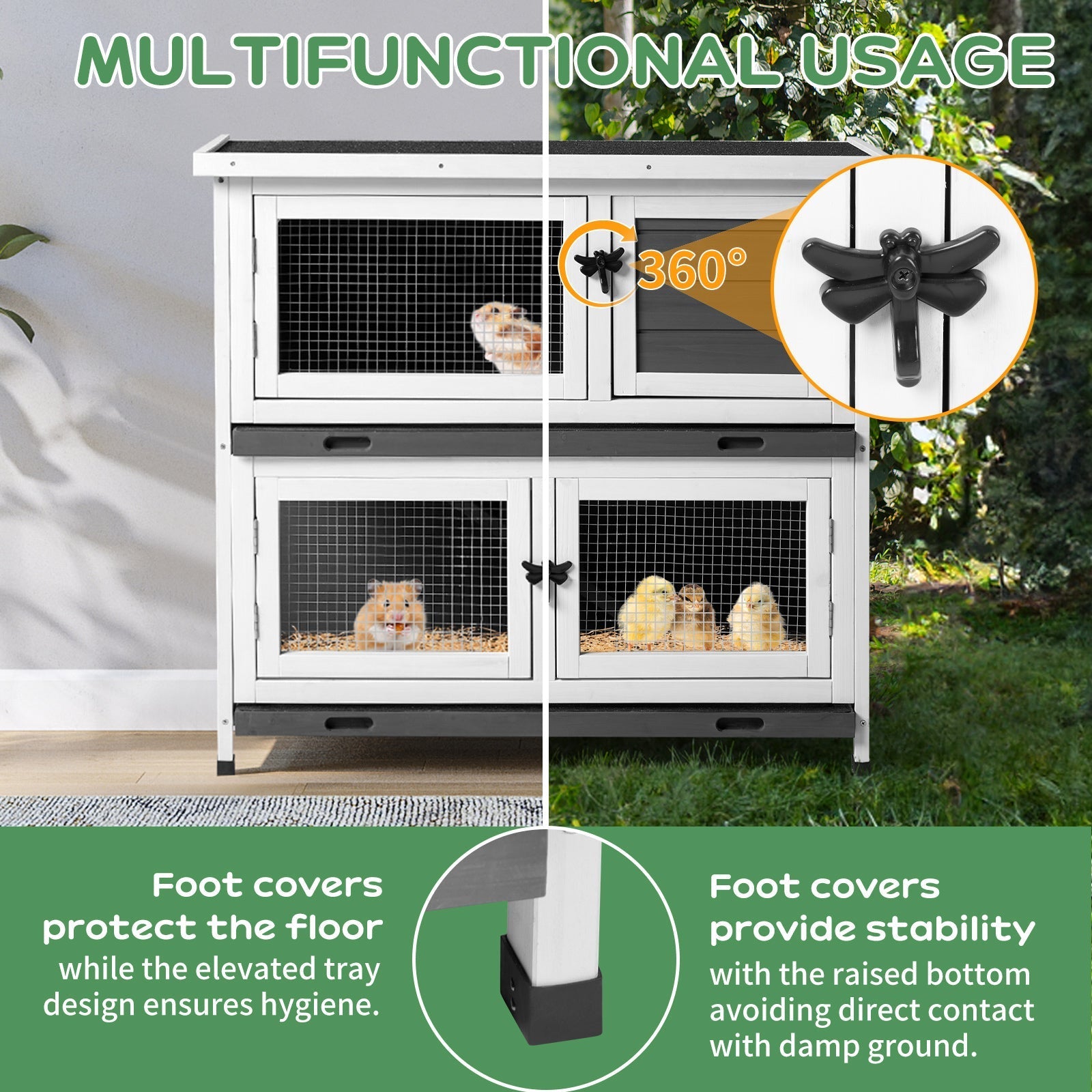 HKM-9337789 2-Story Rabbit Hutch with Tray, Weather-Resistant Grey Cedar Housing for Small Pets