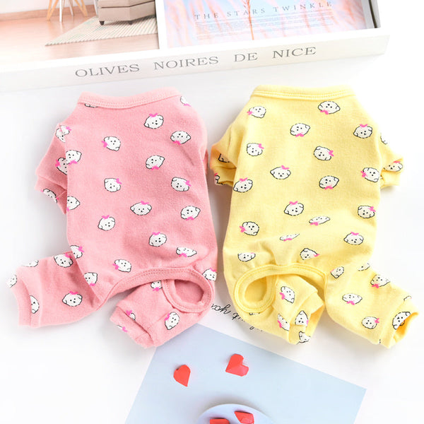 HKM-933779 Cotton Casual Pet Pajamas for Dogs Featuring Bear and Cow Designs in Yellow, Pink, and Blue