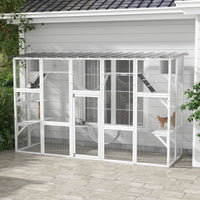 HKM-9338173 Large Cat Catio with Shelves, Bridges, and Ramps - Outdoor Enclosure for Multiple Cats, White