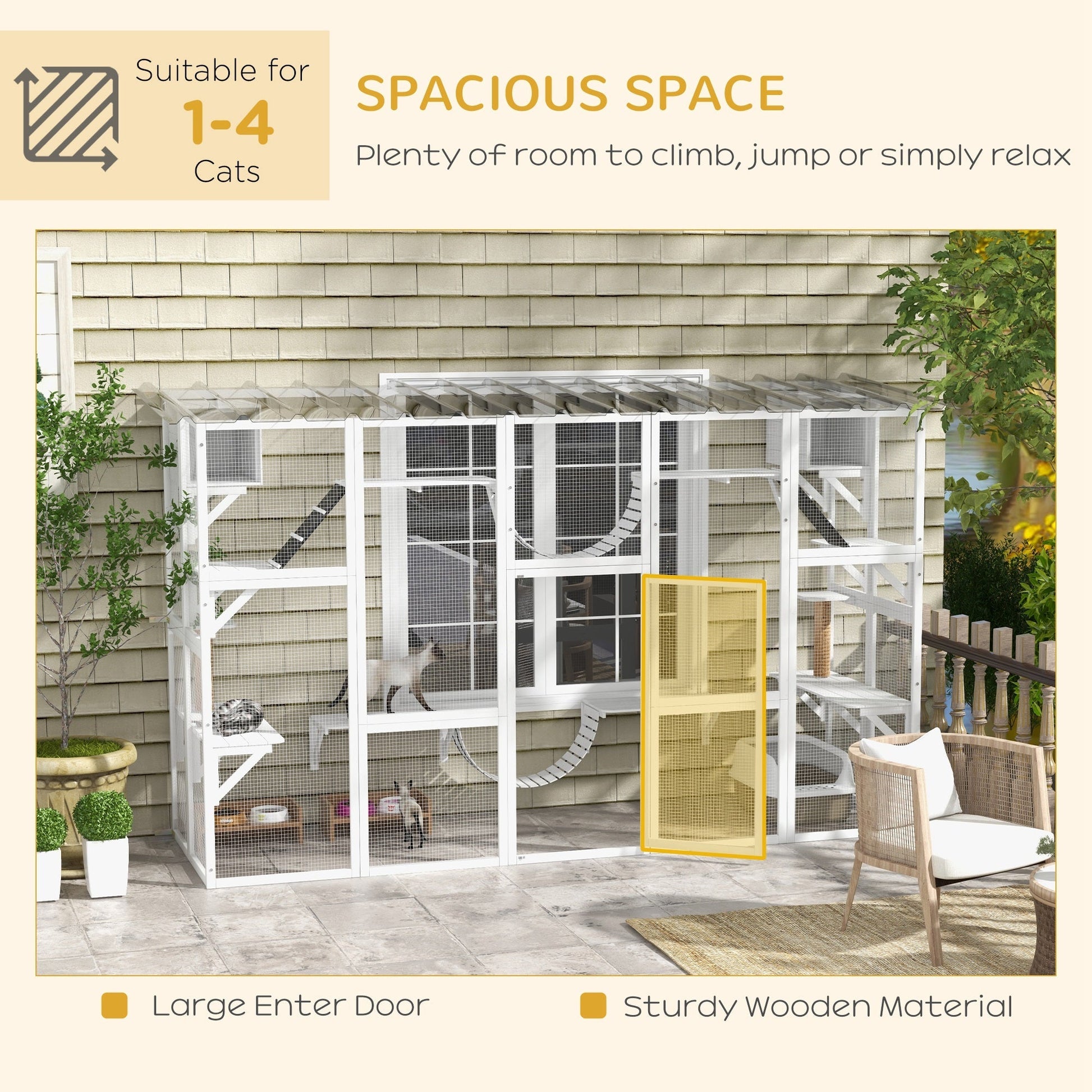 HKM-9338173 Large Cat Catio with Shelves, Bridges, and Ramps - Outdoor Enclosure for Multiple Cats, White