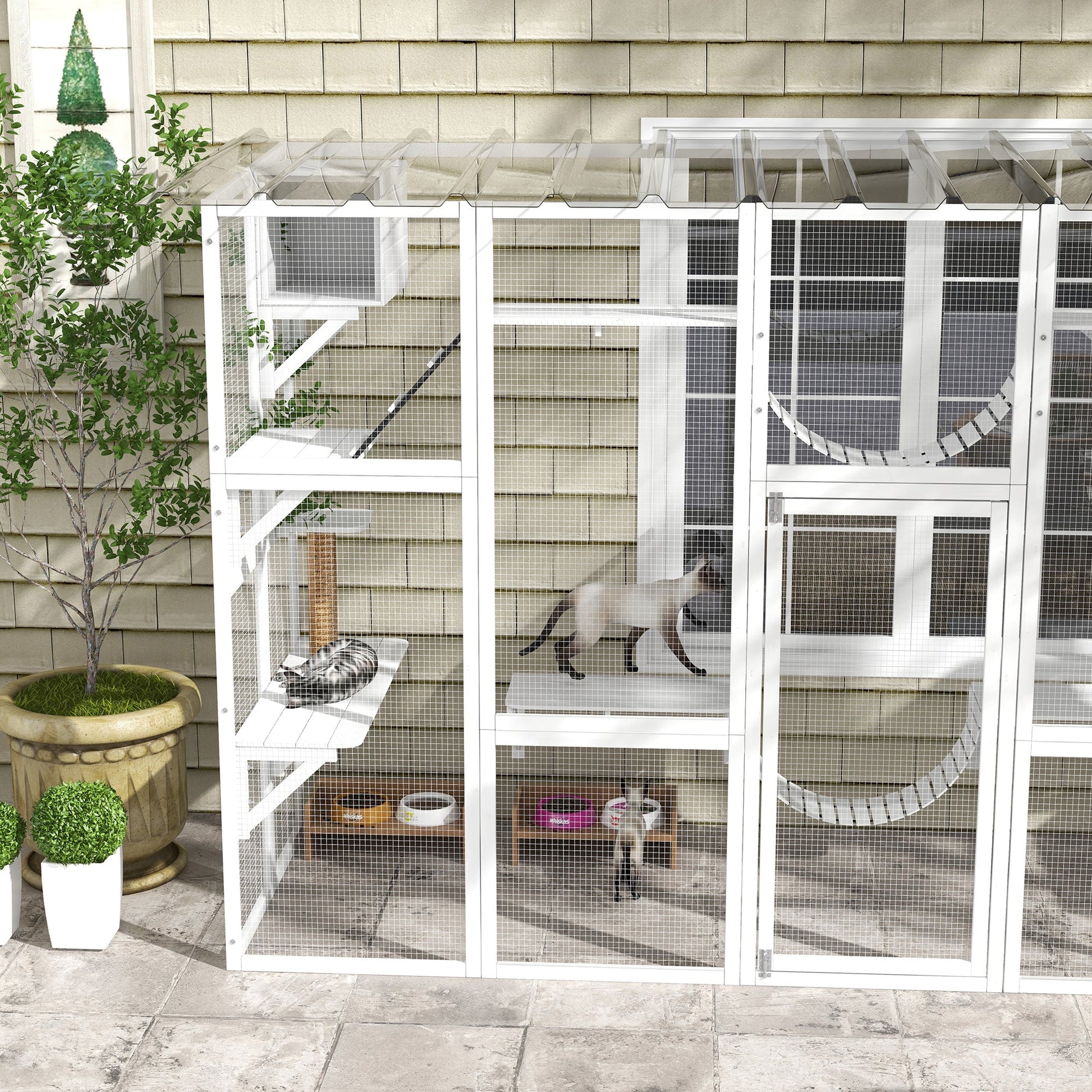 HKM-9338173 Large Cat Catio with Shelves, Bridges, and Ramps - Outdoor Enclosure for Multiple Cats, White