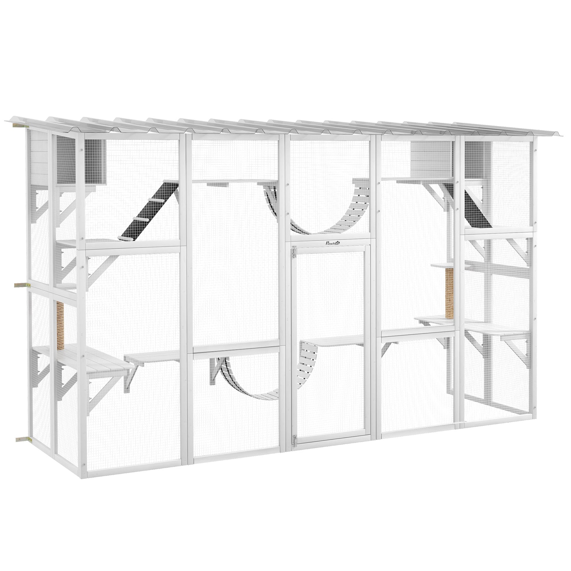 HKM-9338173 Large Cat Catio with Shelves, Bridges, and Ramps - Outdoor Enclosure for Multiple Cats, White