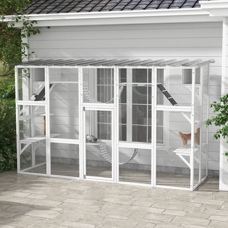 HKM-9338173 Large Cat Catio with Shelves, Bridges, and Ramps - Outdoor Enclosure for Multiple Cats, White
