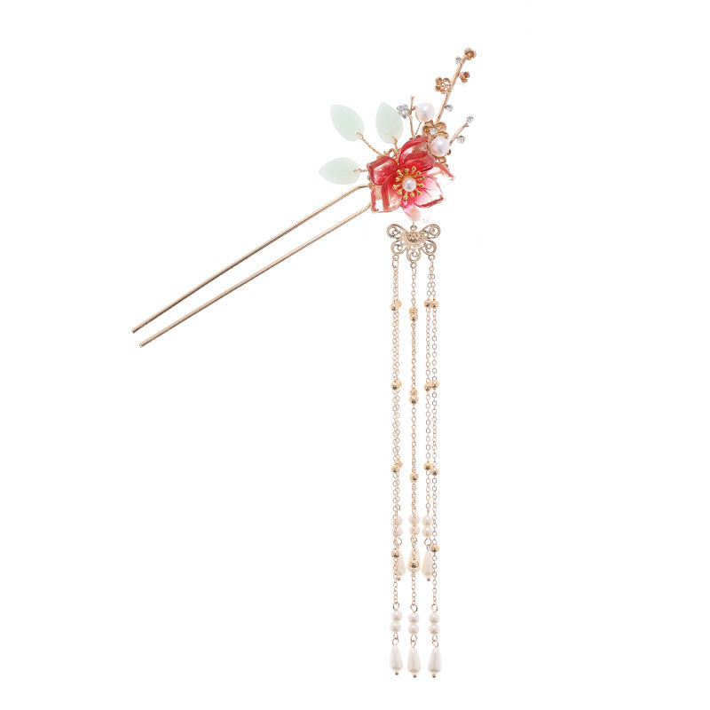 HKM-933843 Fringed Red Imitation Jade Flower Hairpin - Retro Alloy Design for Weddings and Special Occasions
