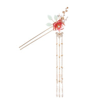 HKM-933843 Fringed Red Imitation Jade Flower Hairpin - Retro Alloy Design for Weddings and Special Occasions