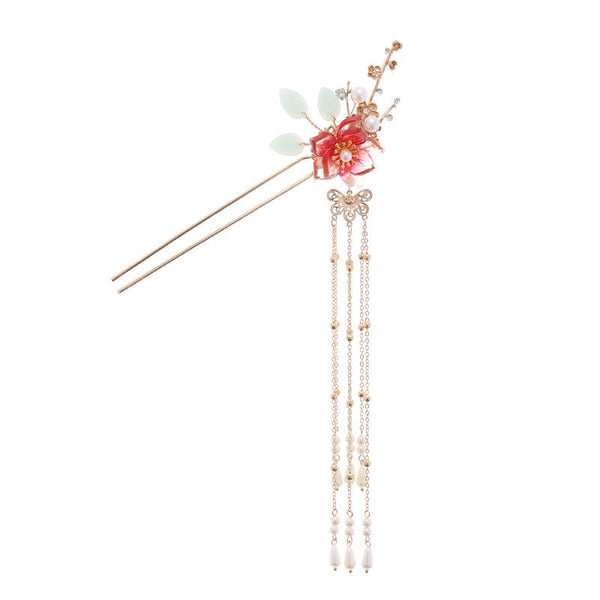 HKM-933843 Fringed Red Imitation Jade Flower Hairpin - Retro Alloy Design for Weddings and Special Occasions