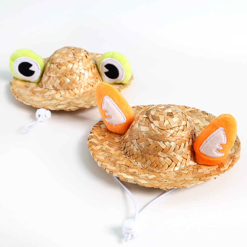 HKM-9338941 Pet Summer Straw Hat With Cute Frog and Antler Designs