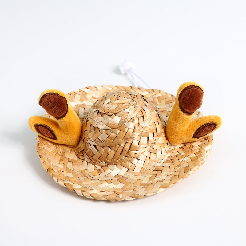 HKM-9338941 Pet Summer Straw Hat With Cute Frog and Antler Designs