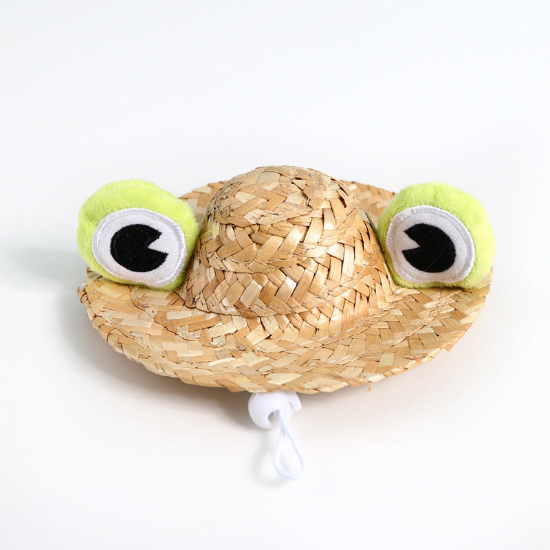 HKM-9338941 Pet Summer Straw Hat With Cute Frog and Antler Designs