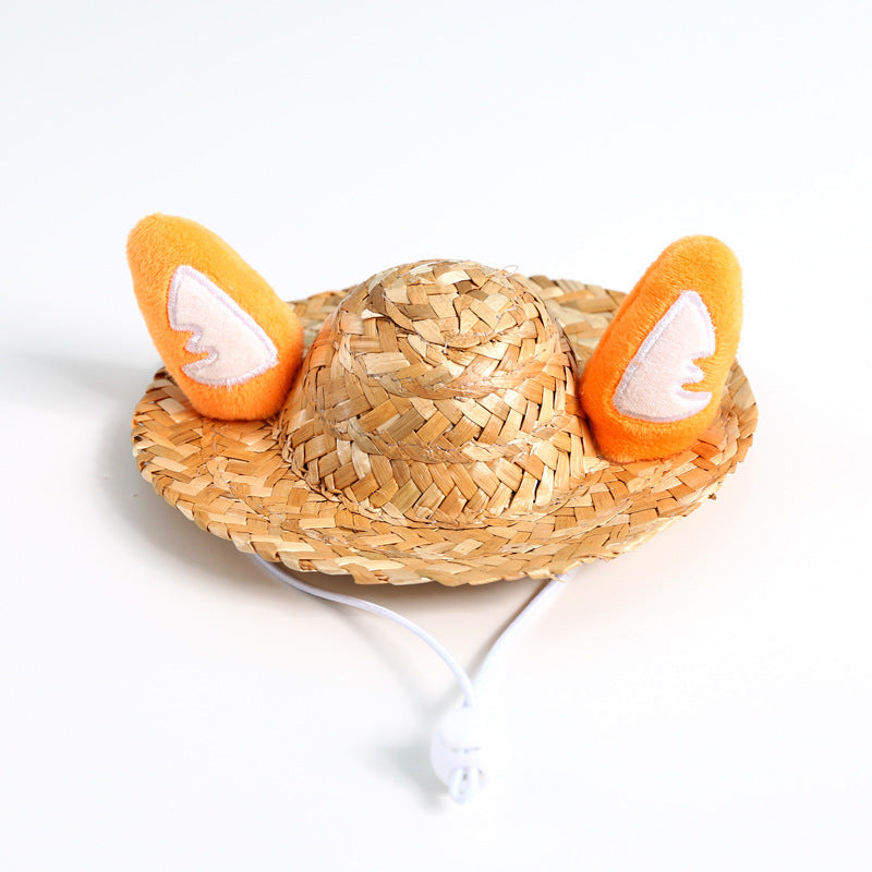HKM-9338941 Pet Summer Straw Hat With Cute Frog and Antler Designs