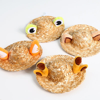 HKM-9338941 Pet Summer Straw Hat With Cute Frog and Antler Designs