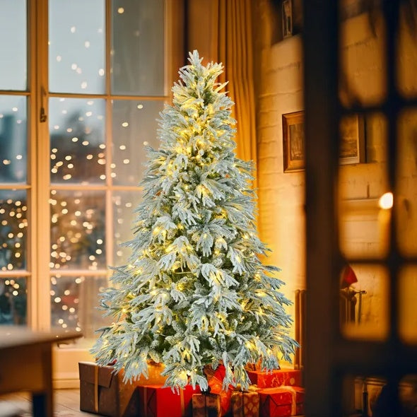 HKM-934547 6FT Pre-Lit Artificial Snow Flocked Christmas Tree with 300 Multi-Color LED Lights and 8 Flashing Modes