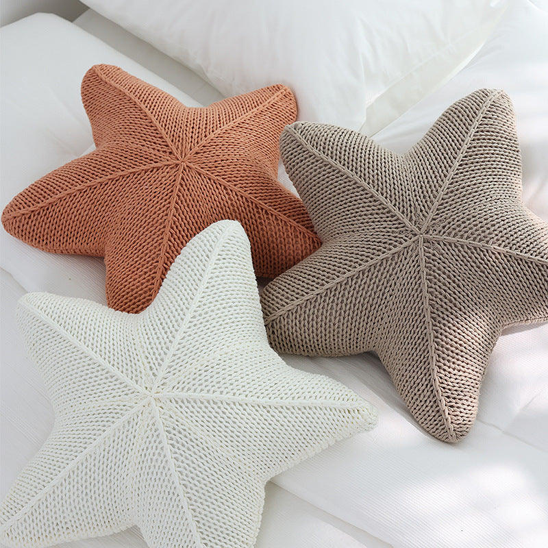 HKM-935379 Hand-Knitted Starfish-Shaped Pillow in Coral Orange, Milky White, and Khaki, 50x50CM