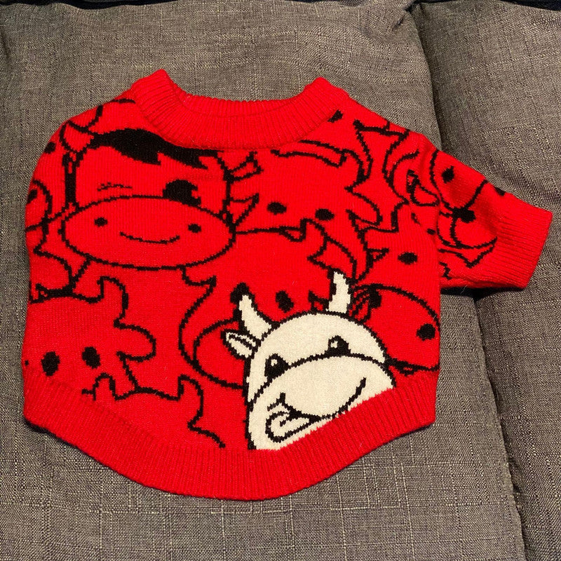 HKM-9355965 Casual Festive Red Pet Sweater for New Year Celebrations - Perfect for Year of the Ox