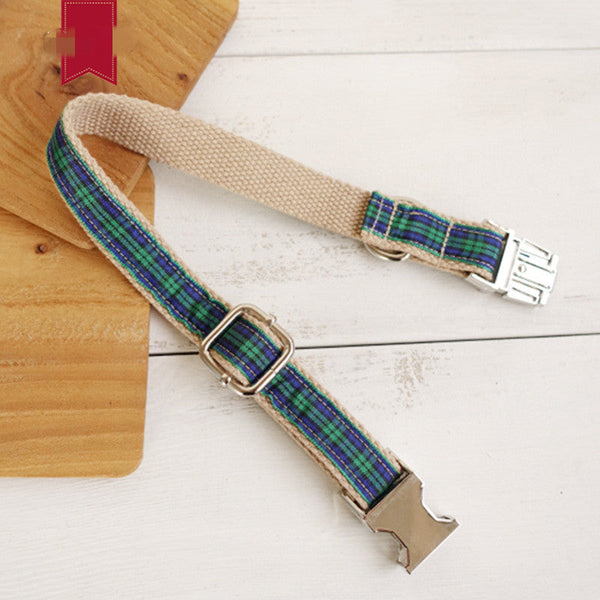 HKM-9363133 Plaid Polyester Dog Collar with Metal Chain Ring