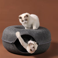 HKM-936403 Dual-Use Cat Nest and Tunnel in Grey Felt - Removable, Washable, Interactive Pet Play Space