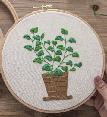 HKM-936403 Hand Embroidered Green Plant Cross Stitch Wall Art on Cotton Canvas