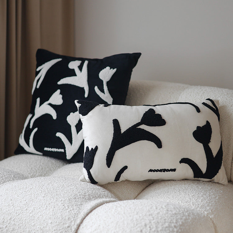 HKM-936787 Hand-Painted Black and White Embroidered Square Sofa Pillowcase - 30x50cm & 45x45cm Options