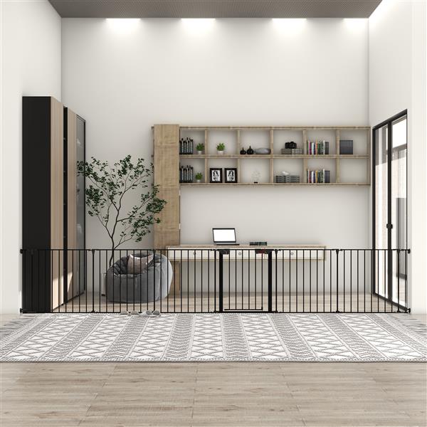 HKM-9368509 150-Inch Adjustable Safety Gate with Walk-Through Door, Ideal for Staircases and Play Areas