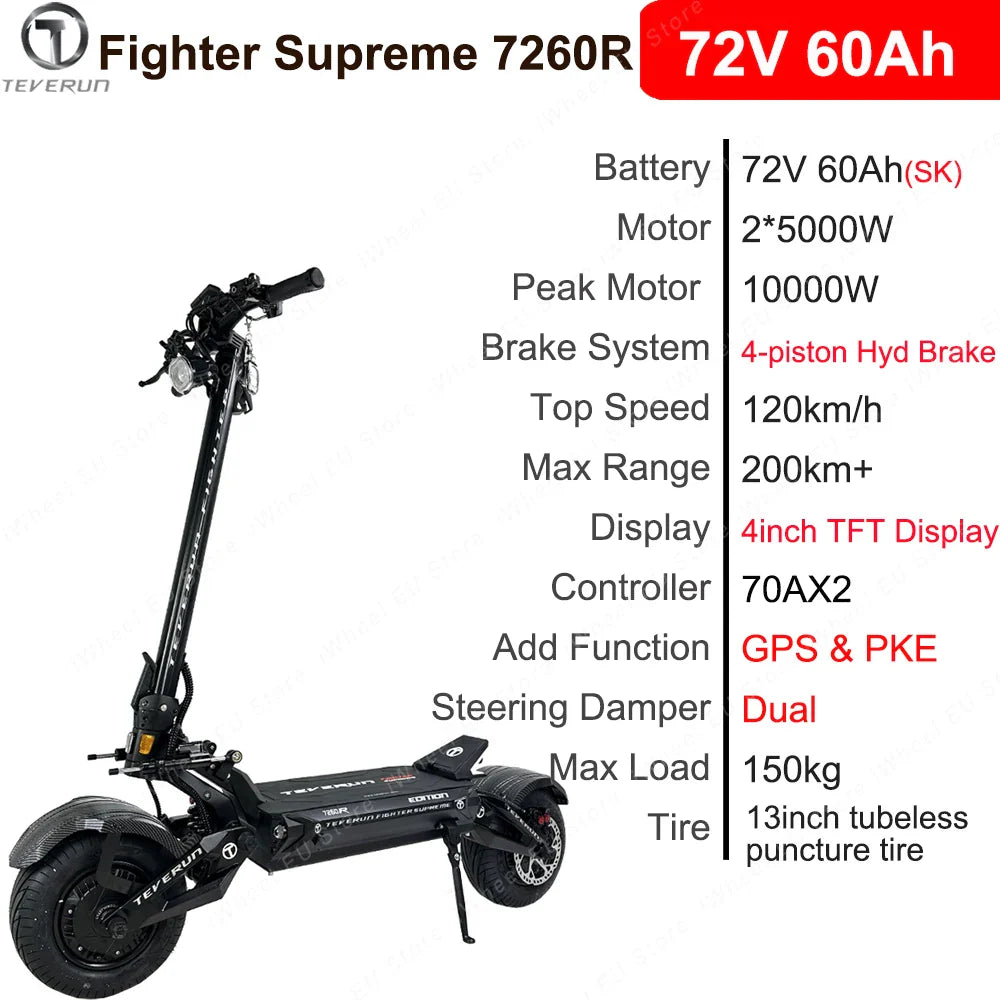 HKM-936915 Teverun Supreme 7260R Smart Electric Scooter with 72V Battery, 120km/h Max Speed, Dual 5000W Motors, and Full Suspension