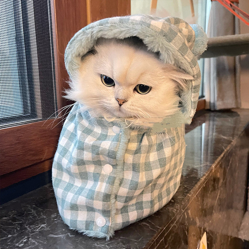 HKM-9371069 Cozy Cotton Pet Blanket for Cats ¨C Green or Gray Checkered Cape, Sizes S/M/L