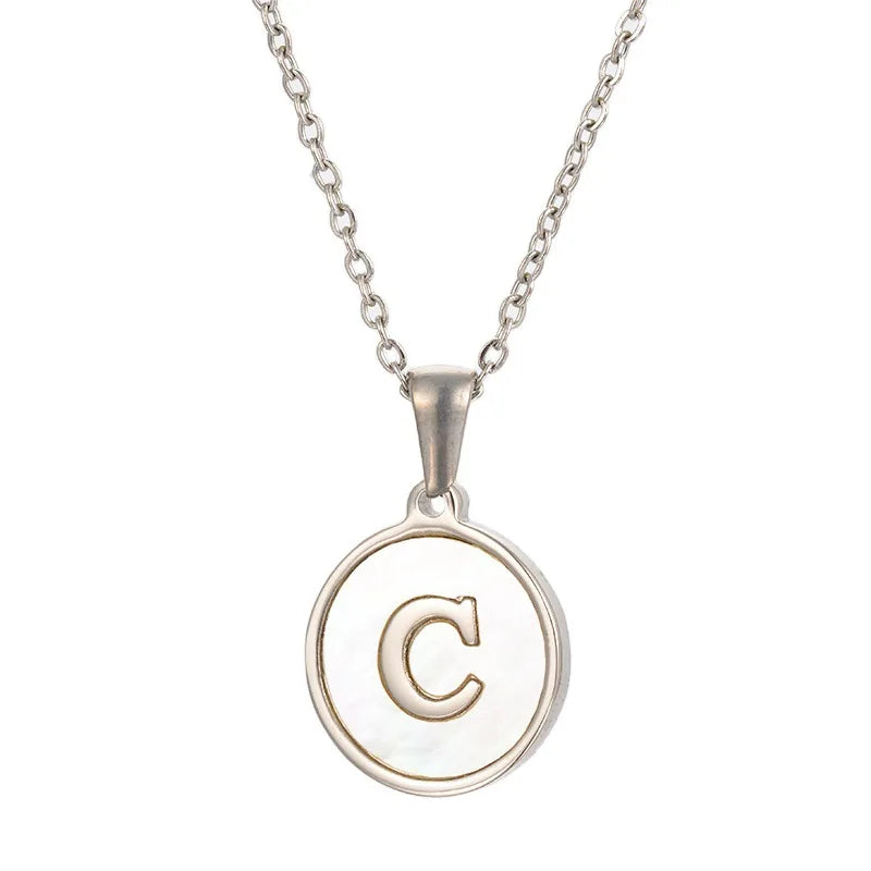 HKM-937107 Ins Fashion Jewelry Necklaces White Shell Letter Necklace Fade Resistant Stainless Steel Round Initial Charm Necklace