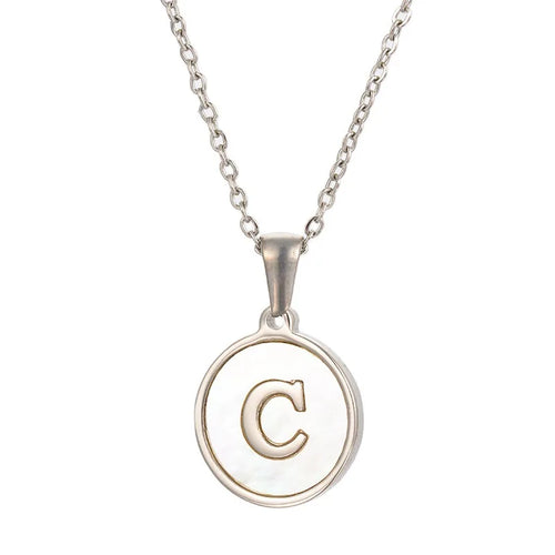 HKM-937107 Ins Fashion Jewelry Necklaces White Shell Letter Necklace Fade Resistant Stainless Steel Round Initial Charm Necklace