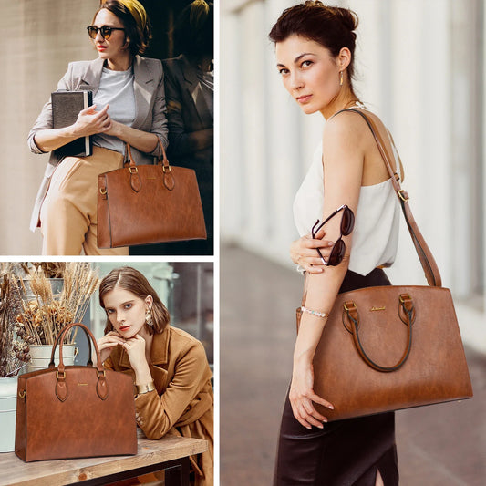 HKM-937107 Stylish 15.6 inch Laptop Bag for Women - Vintage Leather Waterproof Work Tote with Handbag