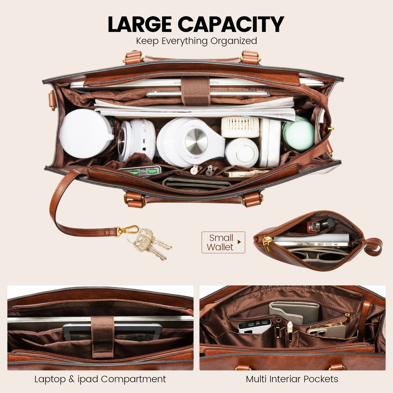 HKM-937107 Stylish 15.6 inch Laptop Bag for Women - Vintage Leather Waterproof Work Tote with Handbag