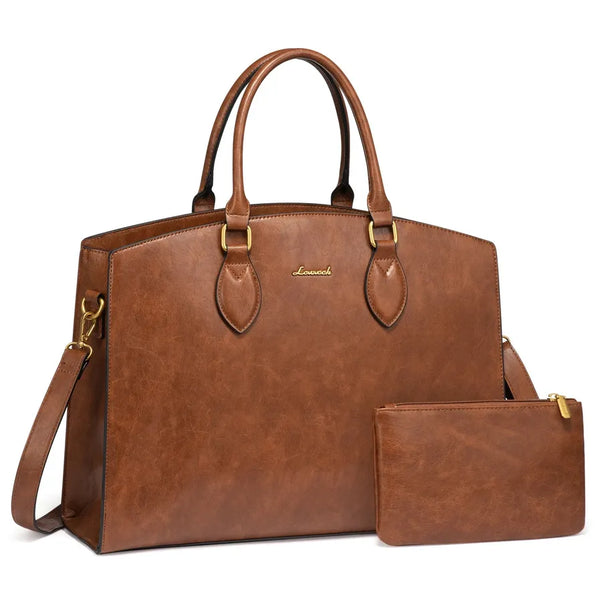 HKM-937107 Stylish 15.6 inch Laptop Bag for Women - Vintage Leather Waterproof Work Tote with Handbag