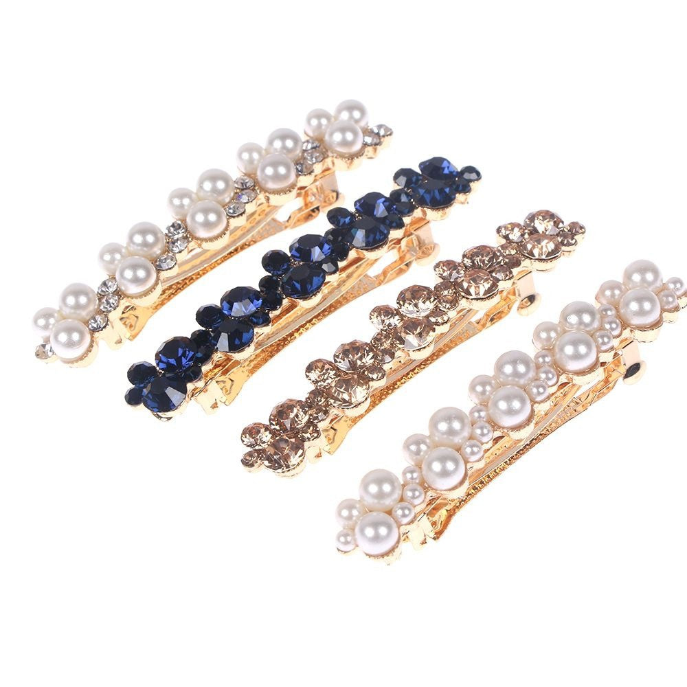HKM-937299 Korean Style Spring Clip Hair Clip with Pearl Rhinestones – 7cm Long, Chic Side or Tail Accessory