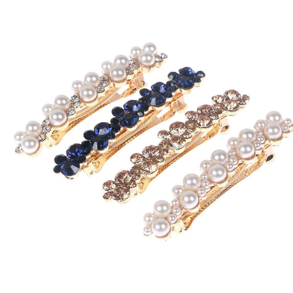 HKM-937299 Korean Style Spring Clip Hair Clip with Pearl Rhinestones – 7cm Long, Chic Side or Tail Accessory