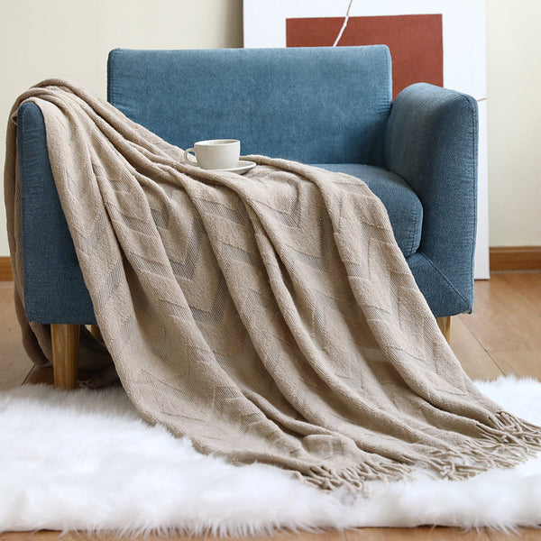 HKM-9373501 Geometric Pattern Knitted Sofa Cover with Tassels ¨C Multiple Color Options and Sizes Available