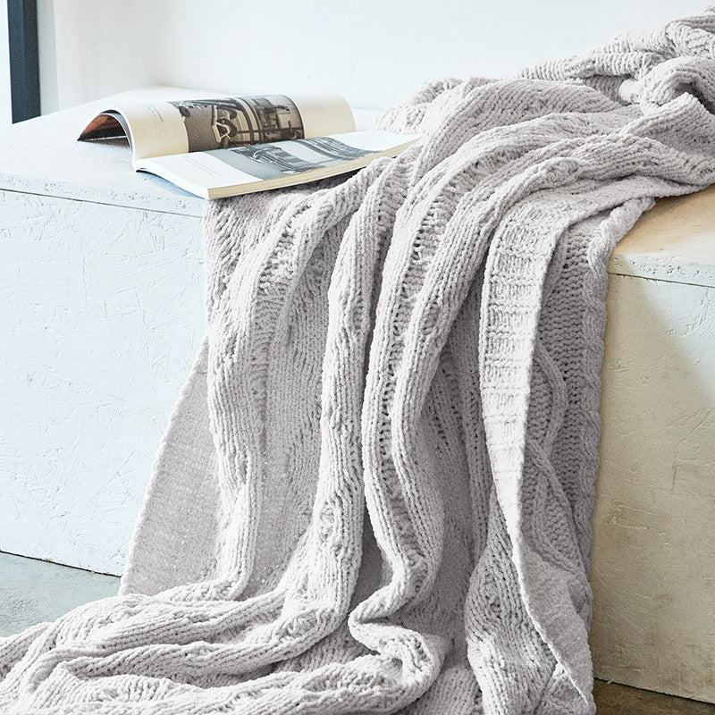HKM-937555 Gergel Chenille Knitted Blanket for Sofa - Soft Polyester Throw in Multiple Colors