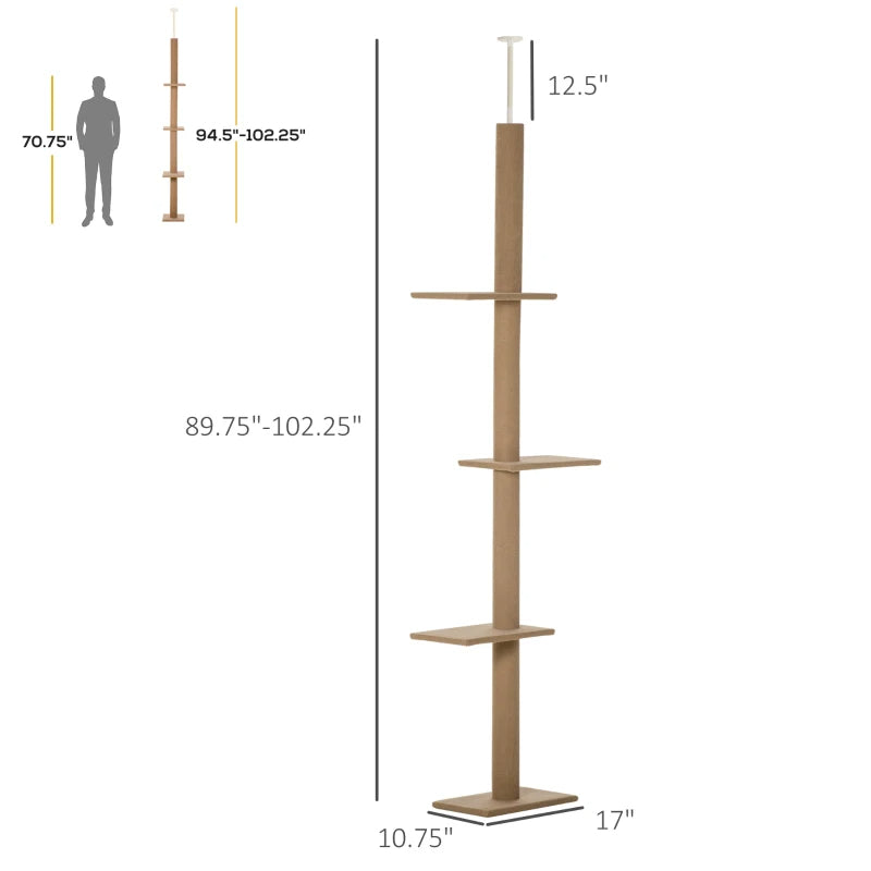 HKM-9375933 Adjustable Floor-to-Ceiling Cat Climbing Tower with Scratching Posts and Platforms in Brown