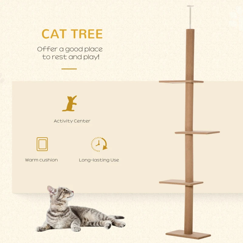 HKM-9375933 Adjustable Floor-to-Ceiling Cat Climbing Tower with Scratching Posts and Platforms in Brown