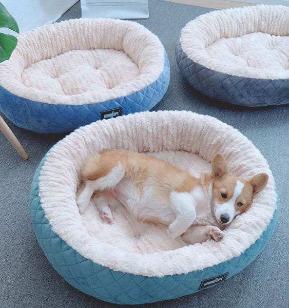 HKM-9376701 Plush Round Dog Nest - Thickened Velvet Cushion for Medium and Large Dogs in Multiple Colors