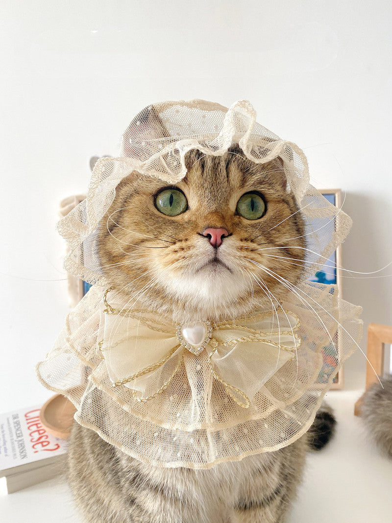 HKM-9376829 Lace Mesh Bibs and Hats Set for Cats and Dogs - Off White and Black, Multiple Sizes Available
