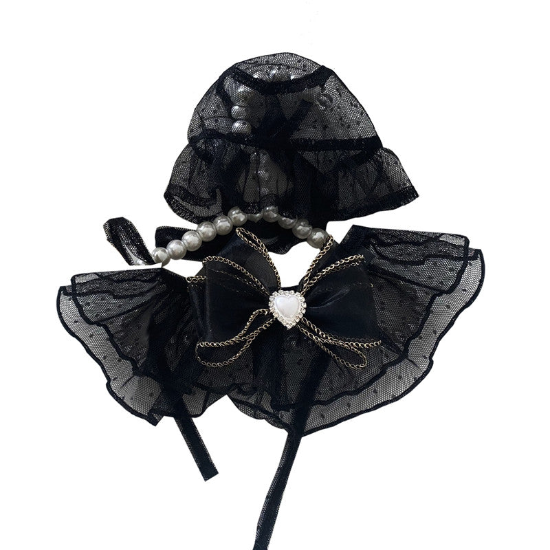 HKM-9376829 Lace Mesh Bibs and Hats Set for Cats and Dogs - Off White and Black, Multiple Sizes Available