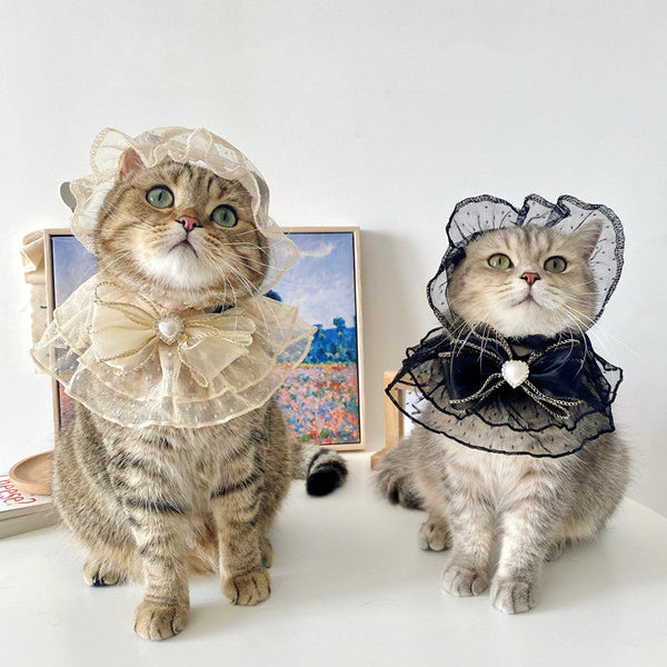 HKM-9376829 Lace Mesh Bibs and Hats Set for Cats and Dogs - Off White and Black, Multiple Sizes Available