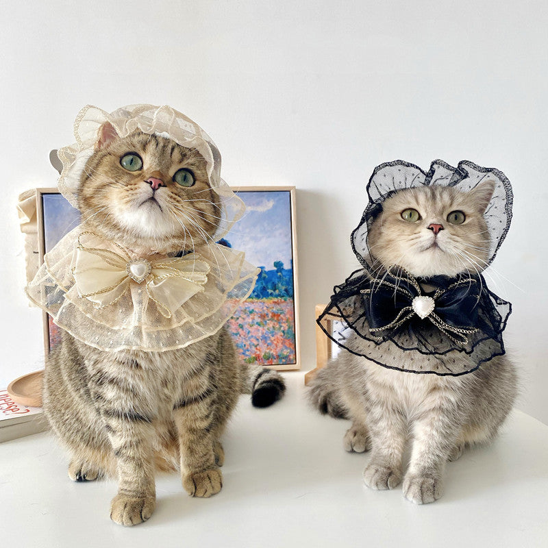 HKM-9376829 Lace Mesh Bibs and Hats Set for Cats and Dogs - Off White and Black, Multiple Sizes Available