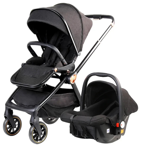 HKM-7937747 Compact 2-in-1 Baby Pram 360-Degree Swivel Wheels 5-Point Harness Aluminum Frame Folding Travel System UPF 50+ Canopy