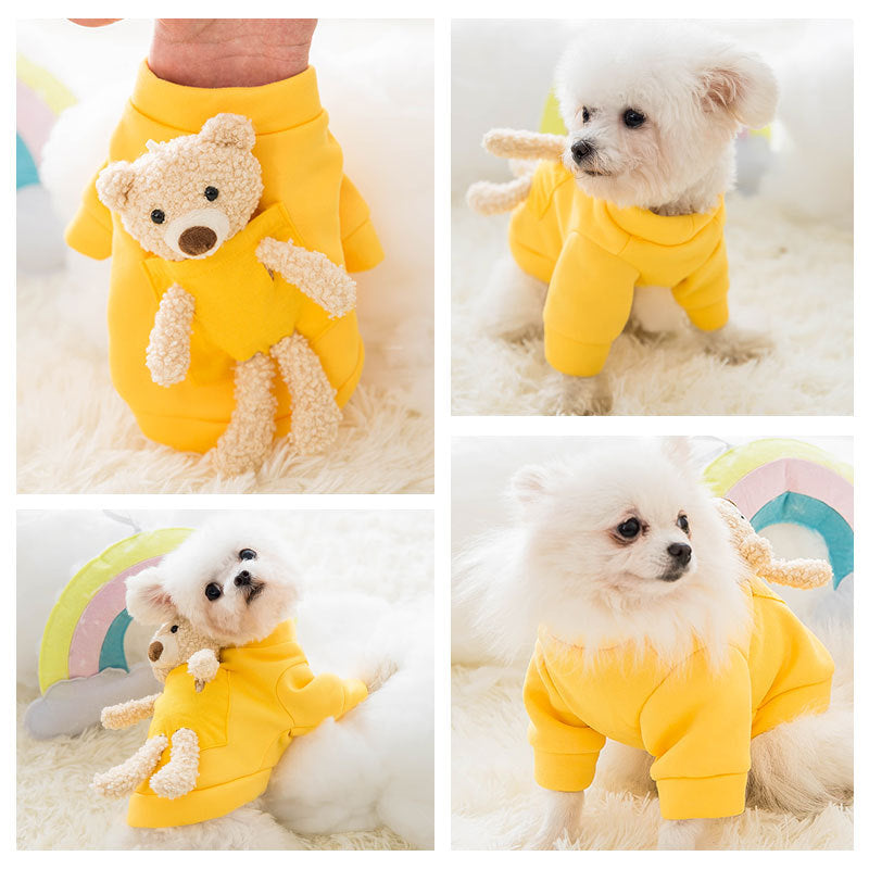 HKM-9377725 Adorable Yellow Bear Design Two-Legged Cat Sweater - Soft Milk Silk Fabric