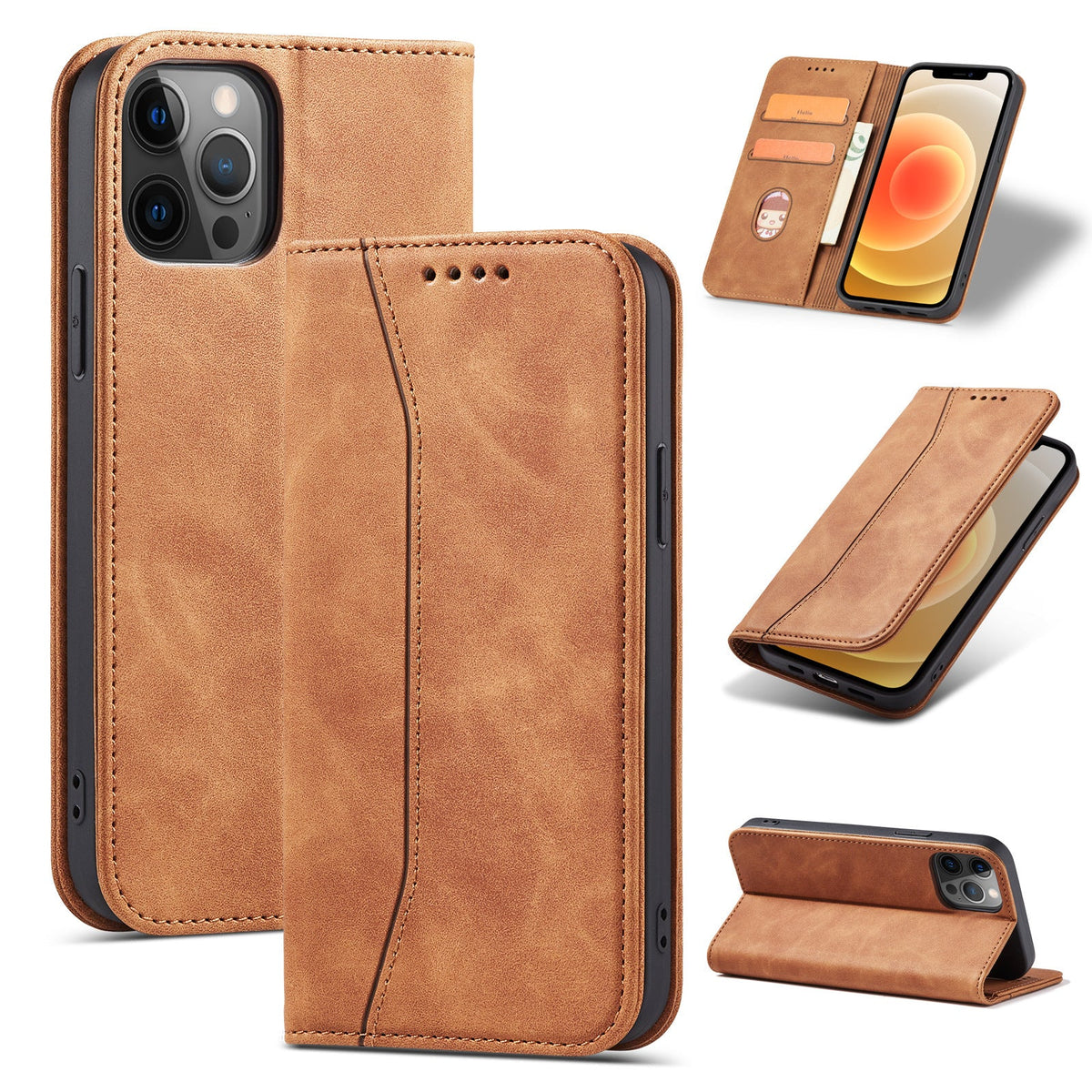 HKM-937811 Premium Flip Case for iPhone 12 Mini, 12/12 Pro, 12 Pro Max, 11, 11 Pro, 11 Pro Max, 7/8/SE 2020, 7/8 Plus, X/XS, XR, XS Max, 6/6S, 6 Plus - PU + TPU, Solid Colors Available