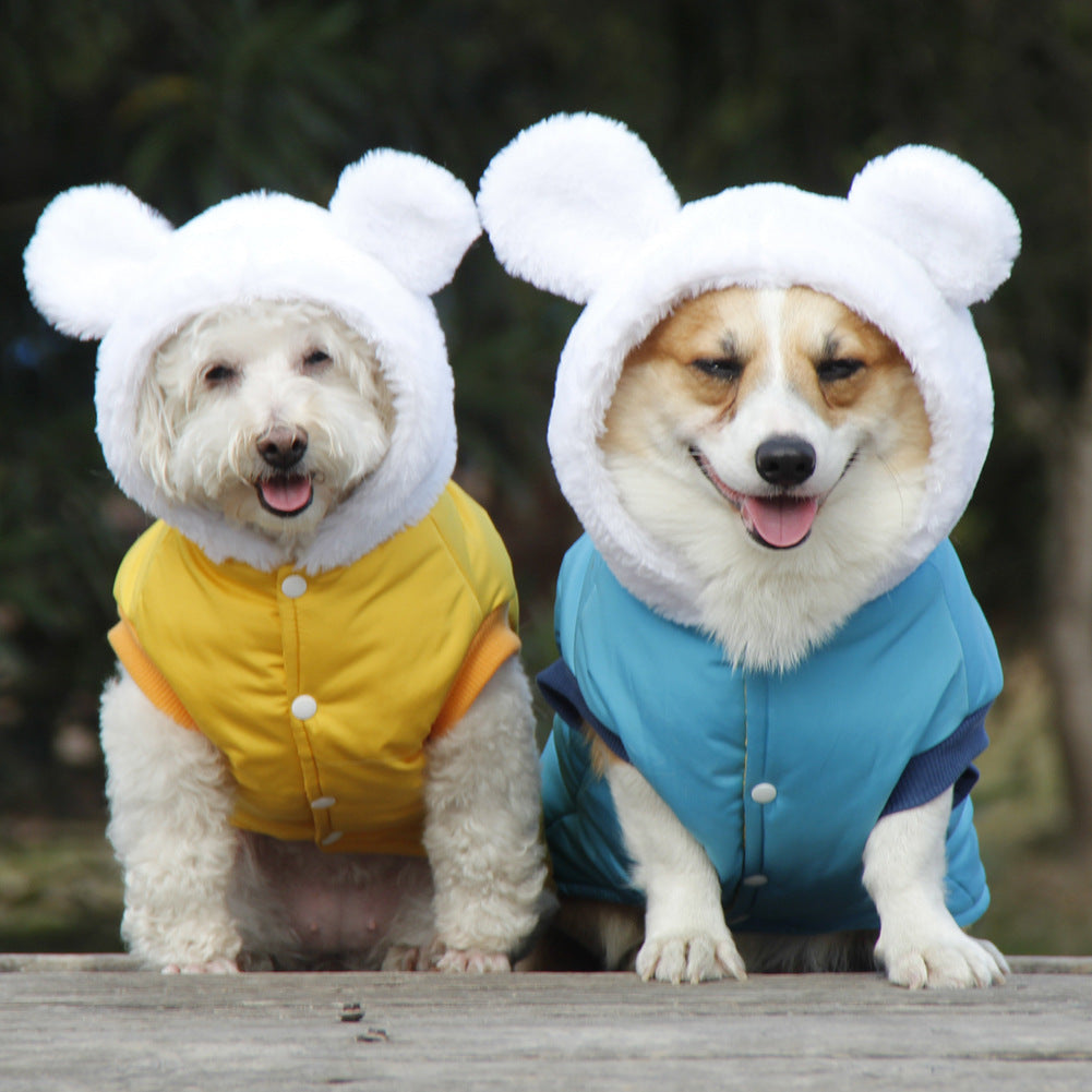 HKM-9379005 Cozy Winter Hooded Pet Clothes for Dogs - Fashionable and Warm Cotton Outfit in Blue and Yellow