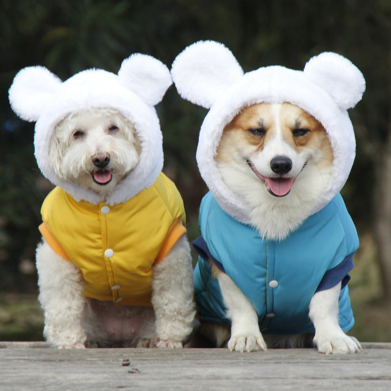 HKM-9379005 Cozy Winter Hooded Pet Clothes for Dogs - Fashionable and Warm Cotton Outfit in Blue and Yellow